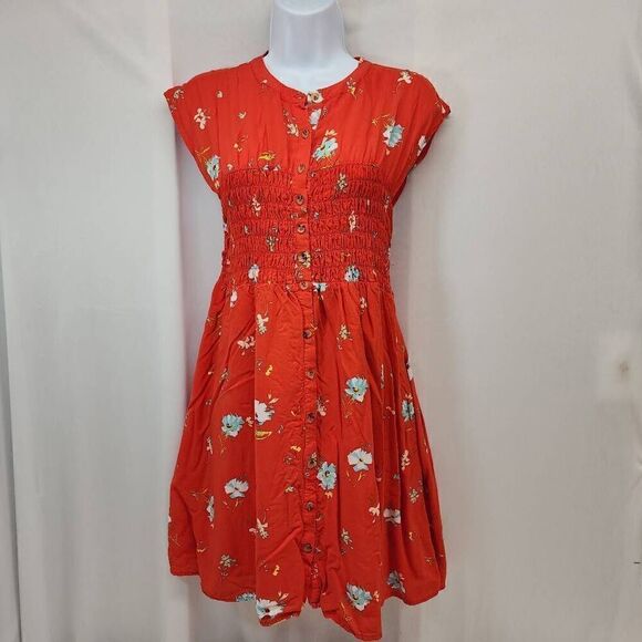 Free People Size Small Greatest Day Orange Floral Print Smocked Mini Dress T - Picture 2 of 10